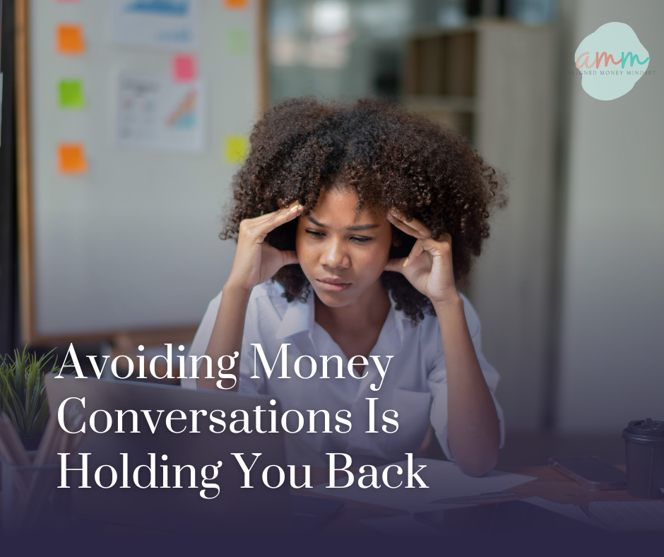 A woman looking stressed while avoiding money conversations, reflecting the emotional impact of staying silent about finances.