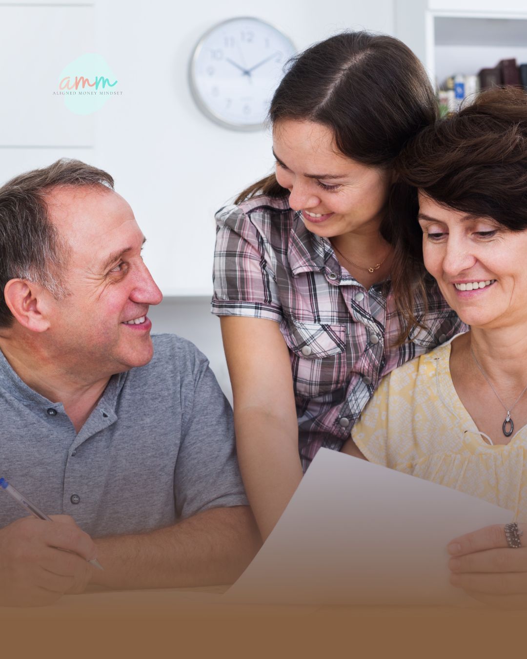 First-gen daughter helping her parents review retirement paperwork together at a table.