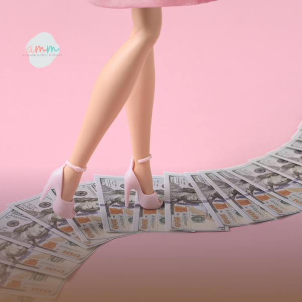 Woman walking a simple path to wealth made of money.