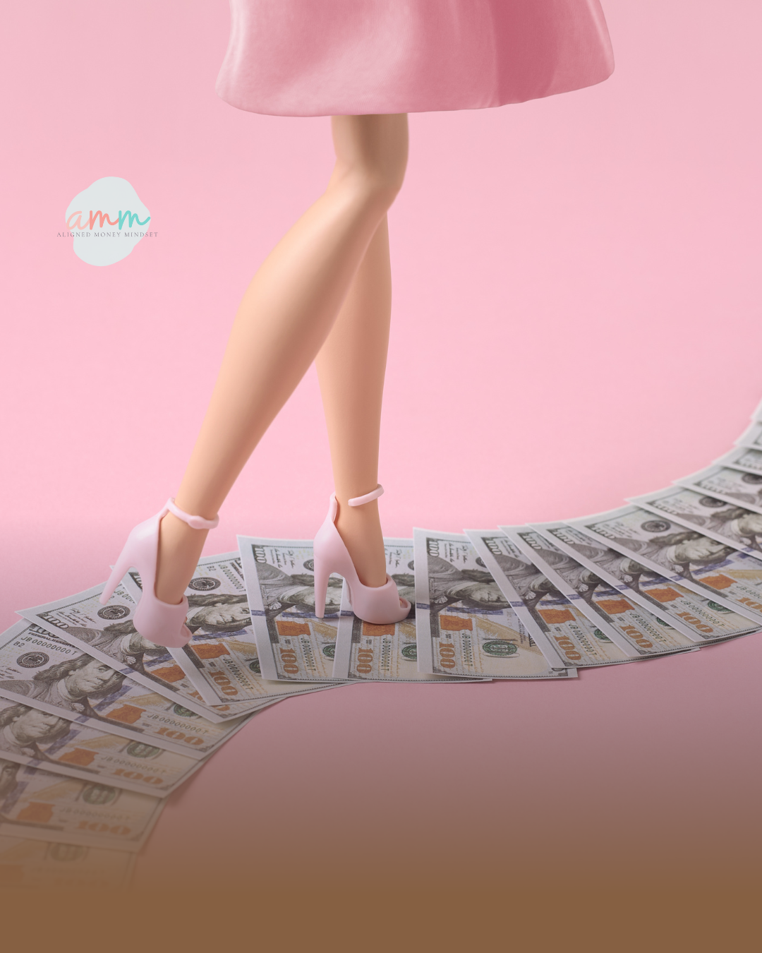 Woman walking a simple path to wealth made of money.